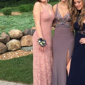 Backless Rose Pink Long Lace Prom Dress